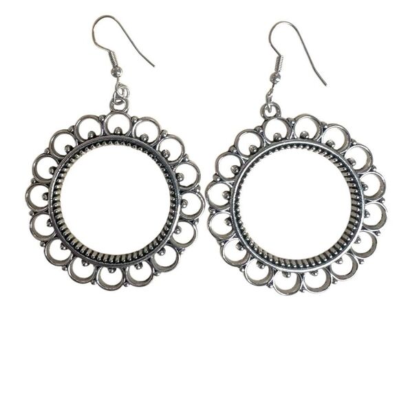 Large Silver Tone Openwork Boho Dangle Earrings - Picture 5 of 7